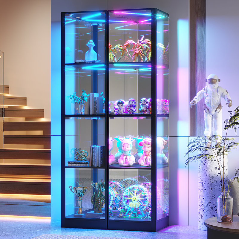 15.8"W Corner Display Cabinet with Glass Doors & RGB Light, Black