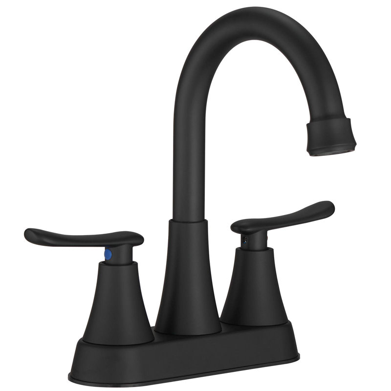 Robinet de lavabo de salle de bain central noir à 4 poignées avec ensemble de drain Fineline, Noir mat