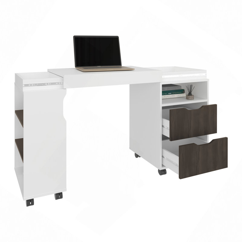 Desk,54" Wide Two Drawer Expandable Desk  With Seven Shelves And Casters White - Dark Walnut