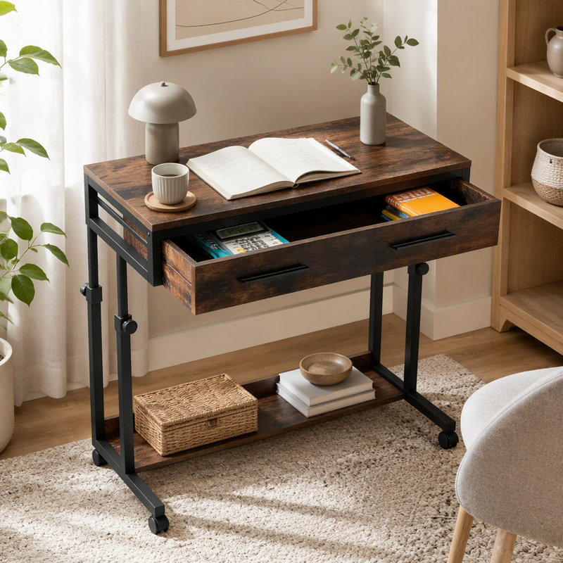 Table de bureau, bureau compact avec roues, bureau d'écriture à hauteur réglable, table basse mobile