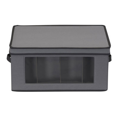Boîte de rangement pour verres à vin dans un cadre solide, poignées, panneau avec fenêtre et 12 compartiments