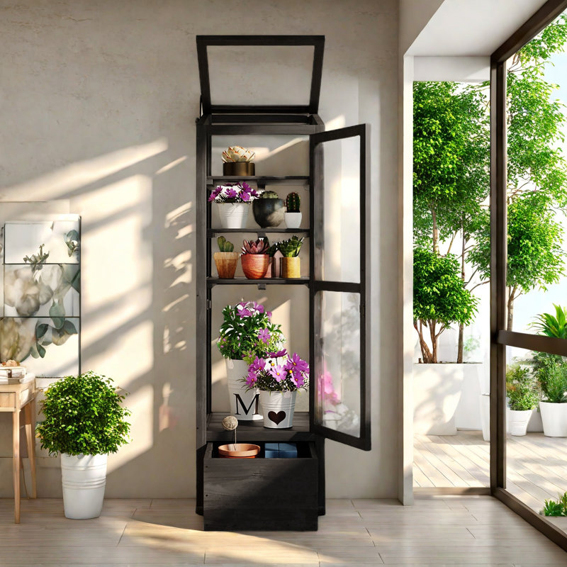 Black Fir Wood Garden Greenhouse with Adjustable Shelves and Storage Box