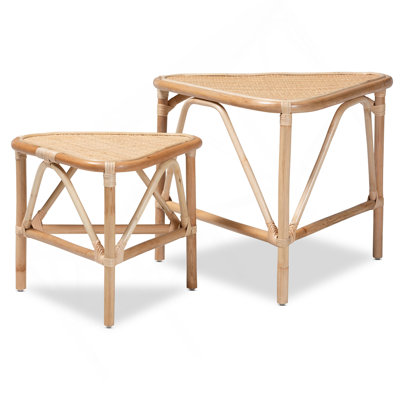 Modern Bohemian Natural Brown Finished Rattan 2-Piece End Table Set