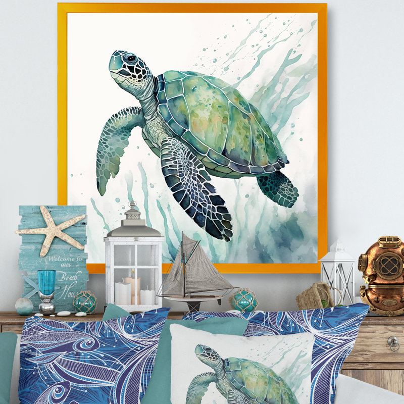 Aquarelle de tortue nageant IV - tortue, art mural, H 30 po x l 30 po x P 1 po, Impression dorée sur toile encadrée