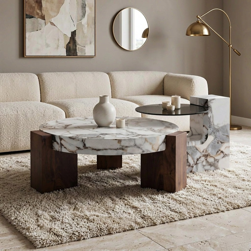 Ensemble de tables basses gigognes détachables à 2 niveaux, table gigogne moderne à disposition flexible, table basse gain de place pour salon ou chambre, noyer et blanc