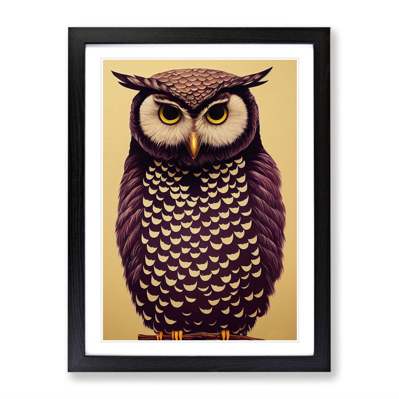Perched Owl - Wall Art, Black Picture Frame, White, 64cm H x 46cm W