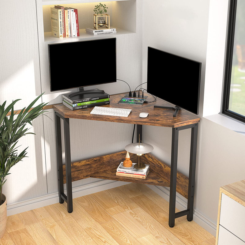 Danielys Corner Metal Base Writing Desk with Power Outlet, Rustic Brown