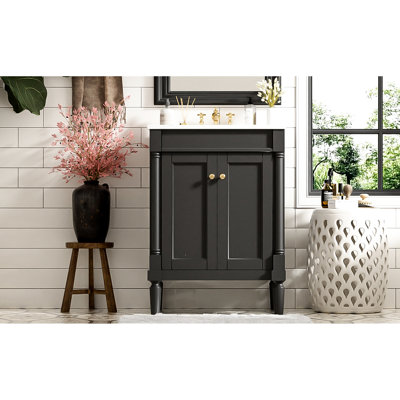 Meuble-lavabo de salle de bain avec lavabo supérieur, 24 po, conception fonctionnelle, meuble-lavabo d'apparence gracieuse 24 po, finition noire