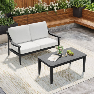 Brano Teak Outdoor Two-person Patio Set With Cushions And Coffee Table