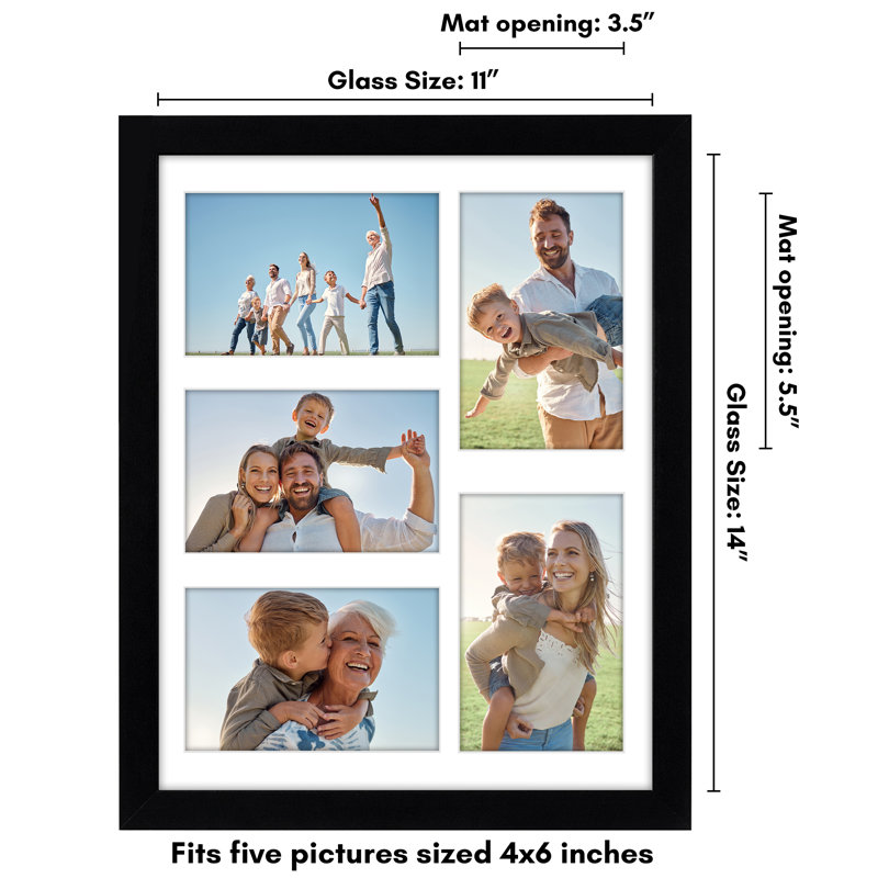 Merranda Americanflat 11x14 Collage Picture Frame - Fits Five 4x6 Photos - Shatter-Resistant Glass - Black
