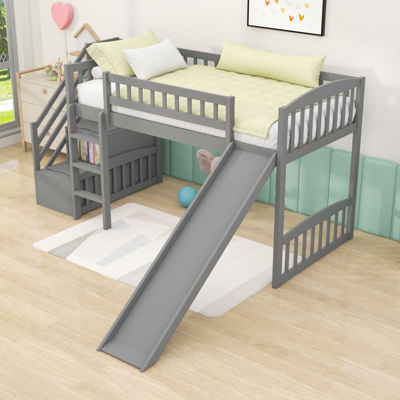 Twin Wood Loft Bed With Storge Staircase, Convertible Ladder And Slide, Gray