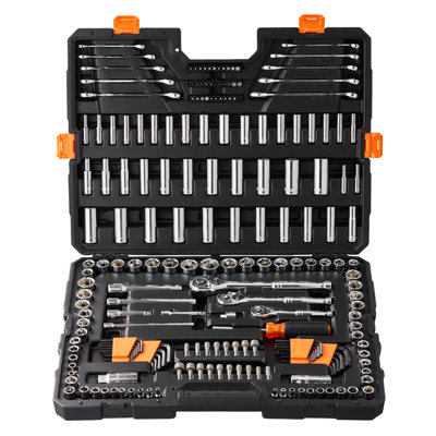 Mechanics Tool 205 Pcs, 1/4" 3/8" 1/2" Drive Deep And Standard Sockets, Metric, Bits, Combination Wrench, Wrenches, Accessories, Storage Case, Cr - V Plating For Wear Resistance, High Torque