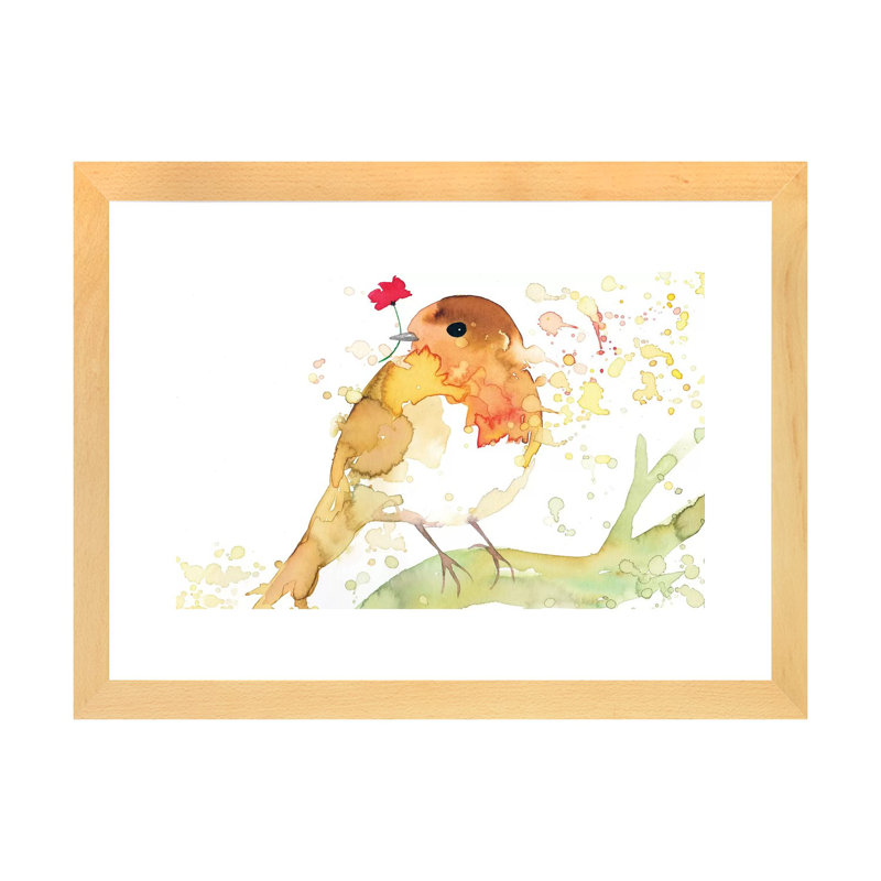 Robin avec coquelicot - reproduction d'art, H 24 po x l 32 po x P 1 po, Papier avec cadre beige, Blanc