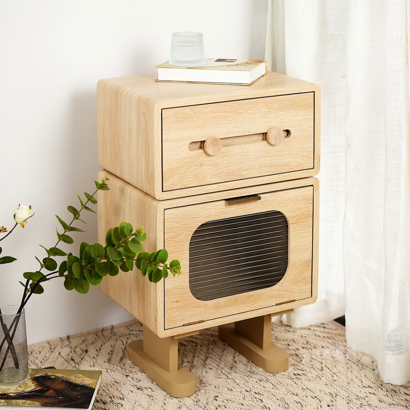 Table d'appoint multi-usages en forme de robot avec couleur naturelle, fonction rotative et structure d'air pour les petits espaces Fonction de rangement créatif, armoire en verre givré, fabrication