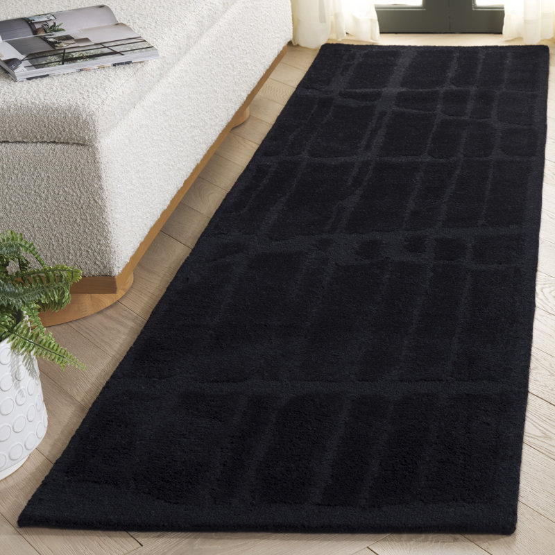 Tapis noir en laine / coton touffeté à la main Rodeo Drive 678, Tapis de couloir 2 pi 3 po x 8 pi