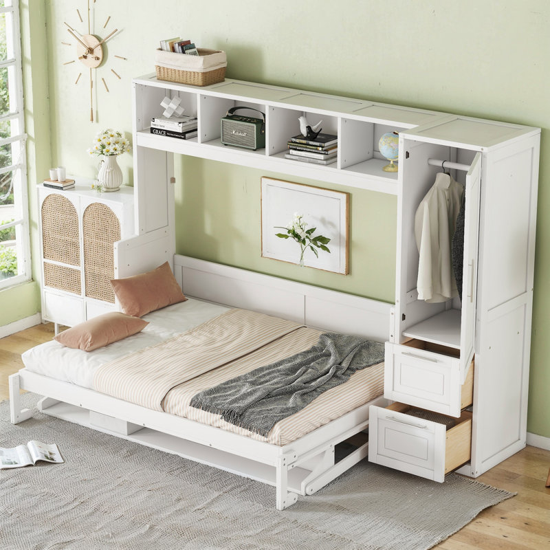 Lit escamotable double avec placard et tiroirs