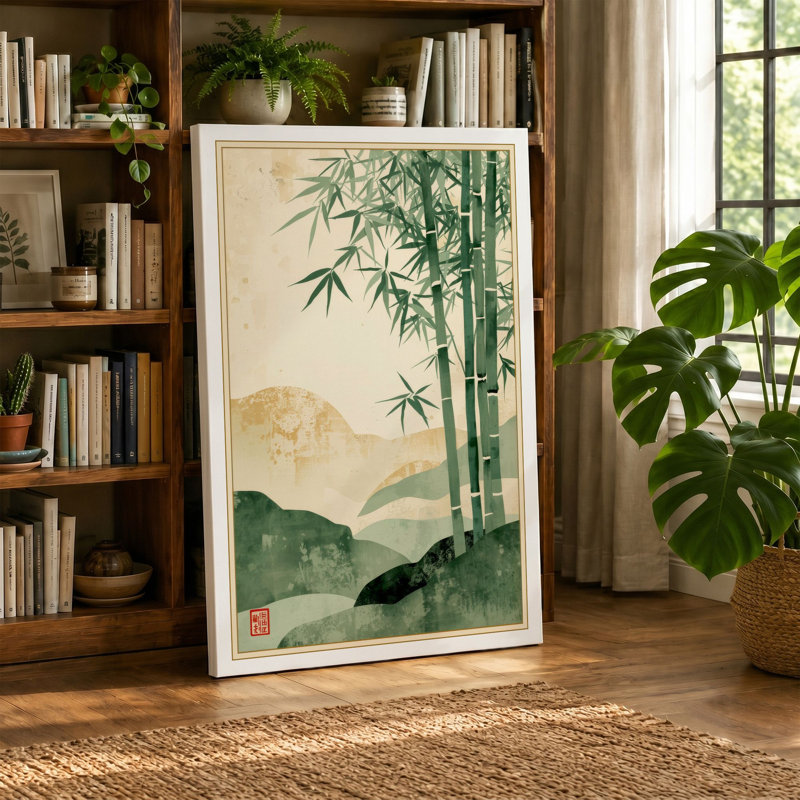 Bamboo and Distant Mountains Japandi - Wrapped Canvas, 18x12 - 45.7 x 30.5 cm, Ochre Border