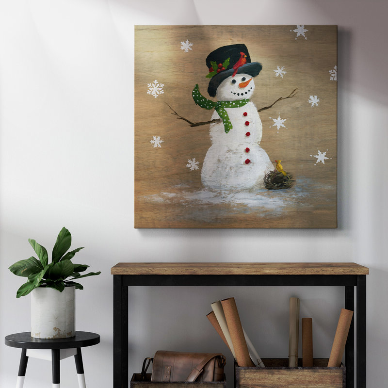 Bonhomme de neige en bois - Toile tendue avec châssis I-Premium - prête à être accrochée
