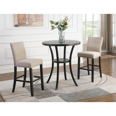 Ensemble de salle à manger en bois, 3 pièces, avec table ronde de 91 cm et 2 chaises de bar en tissu beige, tabourets de bar, structure en métal