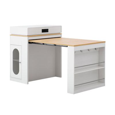 Table de salle à manger extensible avec plateau de table pliable, table de bar avec tiroirs et prise de courant, îlot de cuisine avec roulettes et crochets, buffet pour la cuisine et la salle à manger (blanc crème + naturel)