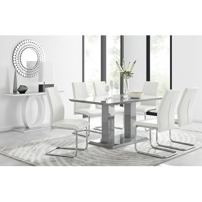 Edzard Double Pedestal High Gloss Dining Table Set with 6 Luxury Faux Leather Dining Chairs