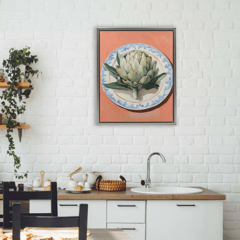 Cadre flottant rétro artichaut sur orange, design par The Prints Vibe, 21 x 17, Cadre flottant gris lustré