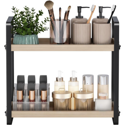Organisateur de comptoir de salle de bain à 2 niveaux - Tablette de rangement de comptoir en bois massif avec patins antidérapants, organisateur de maquillage polyvalent et plateau de meuble-lavabo pour salle de bain, bureau, cuisine et salon