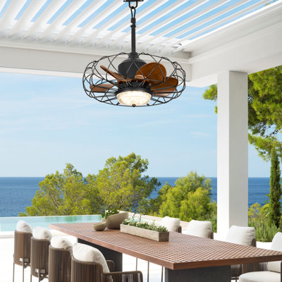 Ventilateur de plafond extérieur en cage 21 po avec éclairage et télécommande / commande APP, éclairage Fandelier étanche IP65 avec 3 couleurs de DEL pour les patios, pavillon de jardin