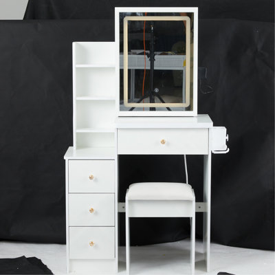Petite coiffeuse de 29,2 po avec tabouret rembourré, 2 prises CA et 2 ports USB, support pour séchoir à cheveux, réglage de la luminosité
