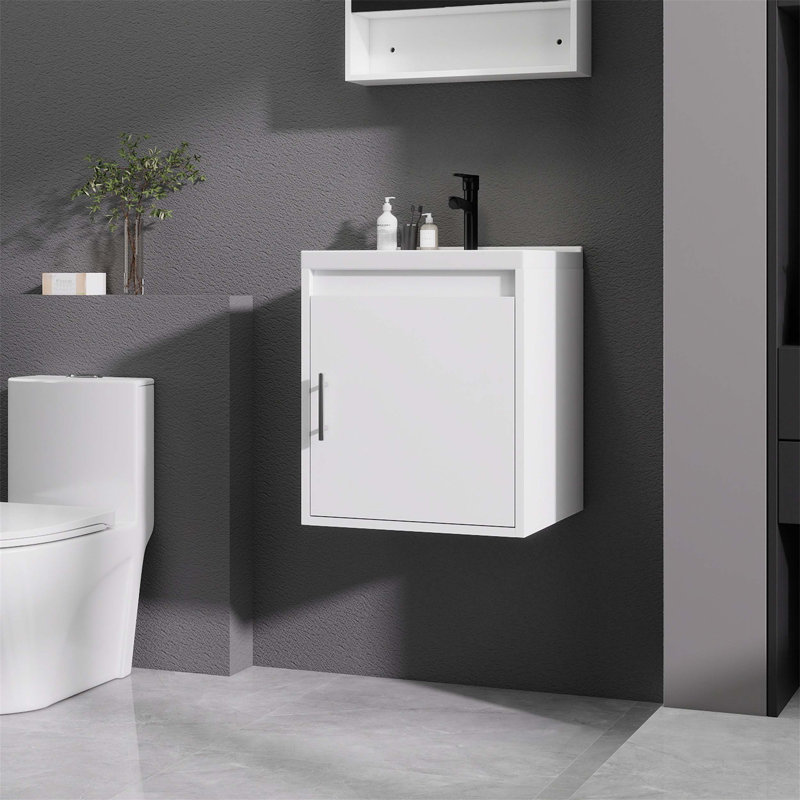 Meuble-lavabo pour salle de bain avec lavabo en céramique, porte d'armoire à fermeture en douceur, fixation murale flottante, drain escamotable, siphon inclus, idéal pour les salles de bain modernes