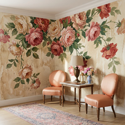 Papier peint rétro, aquarelle, décoration murale campagne française
