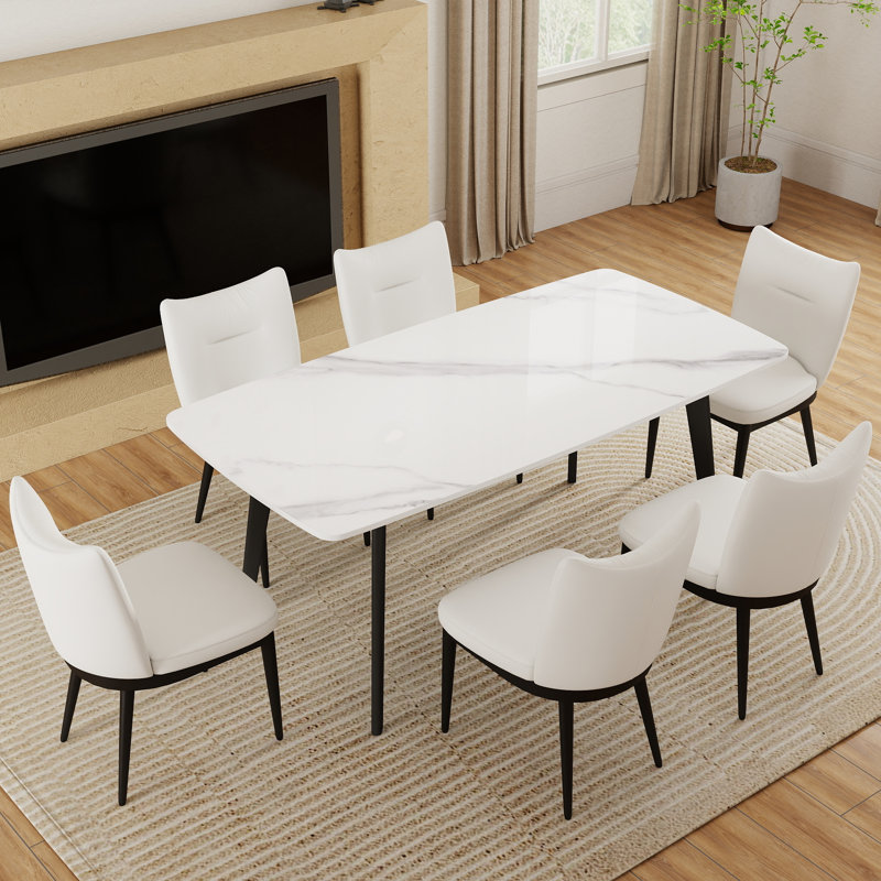 Ensemble table et chaises de salle à manger 6 personnes avec plateau en pierre frittée et revêtement en cuir PU., Blanc
