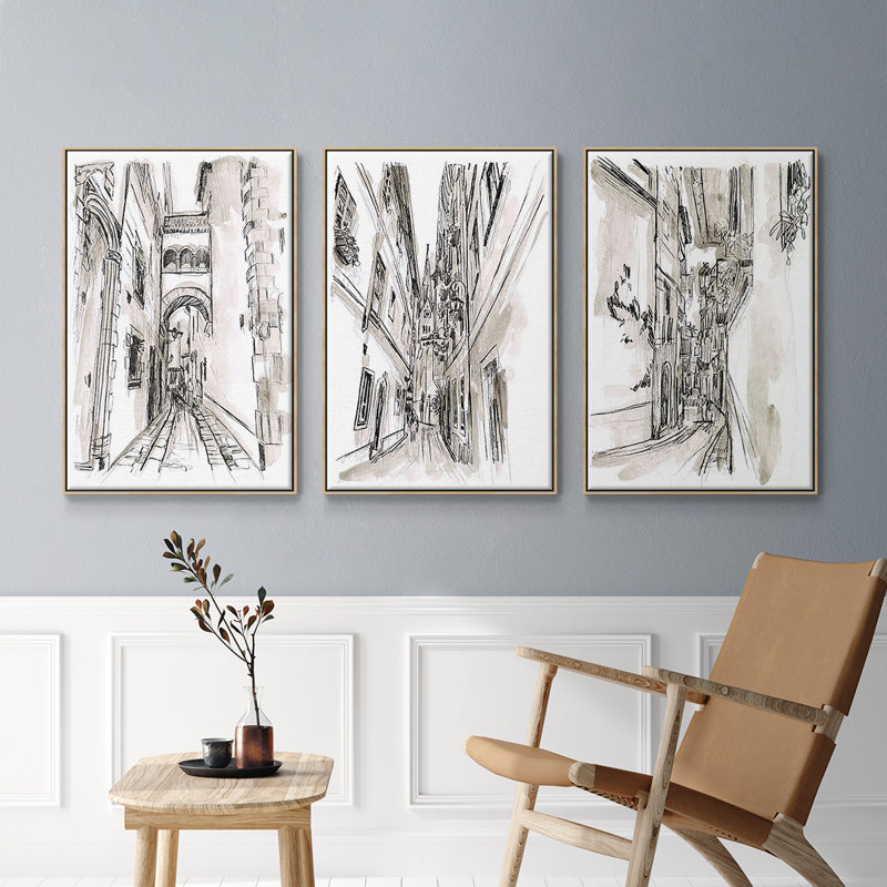 Europe Street Sketches I 3 pièces, Cadre en bois naturel, H 36 po x l 72 po
