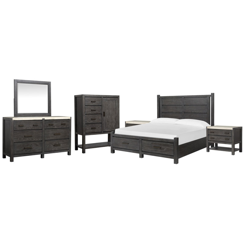 Wilmot California King Panel Storage Bed 2 Open Nightstands Drawer Dresser With Landscape Mirror And Door Chest
