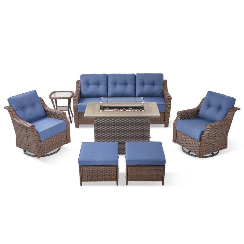 Elona 7-Piece All-Weather Outdoor Wicker Rectangle Fire Pit Conversation Set With Swivel Gliders, Ottomans And Side Table For Patio