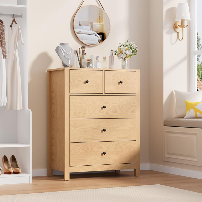 Commode 5 tiroirs pour chambre à coucher, grande commode moderne avec tiroirs de rangement, Jaune