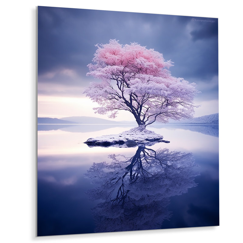 Arbre enneigé enneigé, lac, arbre de chêne, salon d'art mural, H 20 po x l 12 po x P 1 po, Métal métal