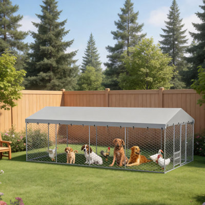 Grand chenil d'extérieur pour chien avec auvent - structure en acier galvanisé robuste de 20 x 10 pi, couvercle imperméable, bols d'alimentation surélevés intégrés, parc pour animaux de compagnie verrouillable à l'épreuve des fuites pour les grands chiens et plusieurs animaux