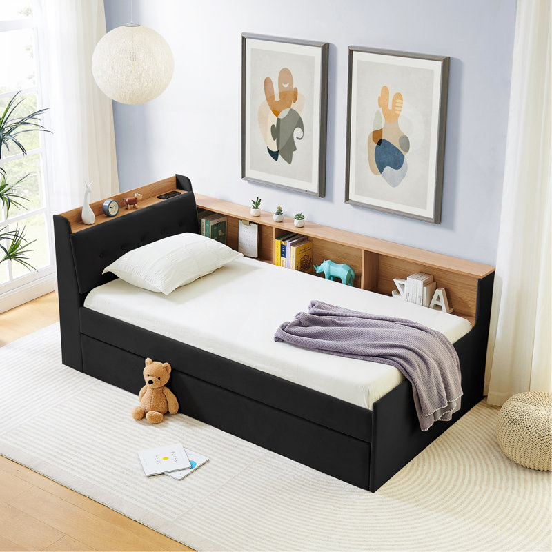 Lit de jour simple à hauteur ajustable en velours avec tête de lit à rangement et chargement sans fil, lit de jour multifonctionnel avec lit gigogne et lumières DEL, noir
