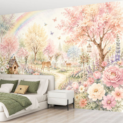 Wall Mural Peel and Stick Wallpaper Whimsical Spring Forest Scene Deer Cherry Blossoms Rainbow Birds Self-Adhesive Removable Contact Paper Wall Decor for Living Room Bedroom 69"H x 96"W