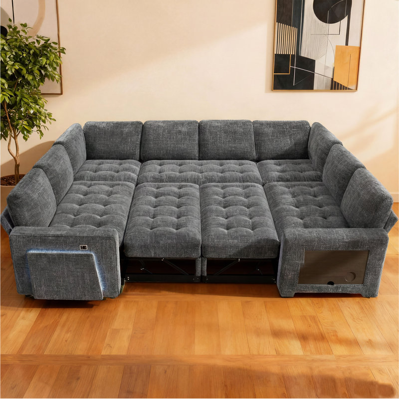 102Inch U-Shaped 8-Seater Sleeper Sofa, Chenille Fabric, Adjustable Backrest 100°-160°, Pull-Out Beds & Storage, Usb Charging, Led Night Light, Foldable Side Table, Tool-Free Assembly
