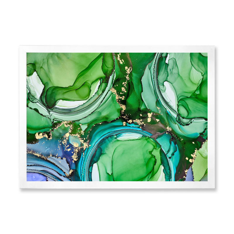 «Green Luxury Abstract Fluid Art», peinture sur toile, Cadre de coin blanc fermé, H 30 po x l 40 po