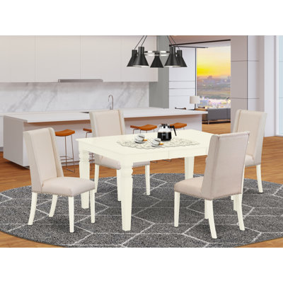5 Piece Modern Dining Table Set Includes a Rectangle Wooden Table with Butterfly Leaf and 4 Cream Linen Fabric Parson Dining Chairs, Linen White
