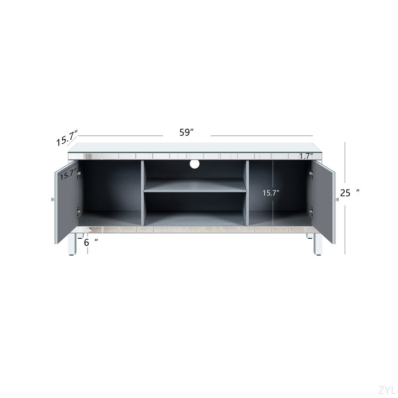 Console média avec portes en verre Diamond, H 25,2 po x L 59 po x l 15,74 po