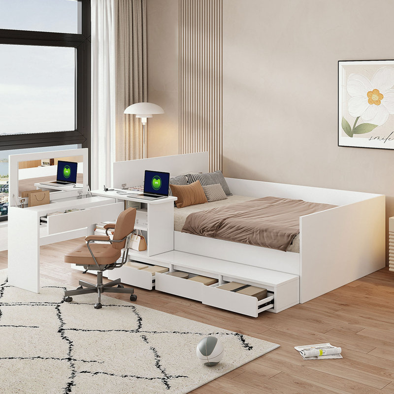 Lit plateforme double en bois avec 6 tiroirs, tablettes et coiffeuse, Blanc