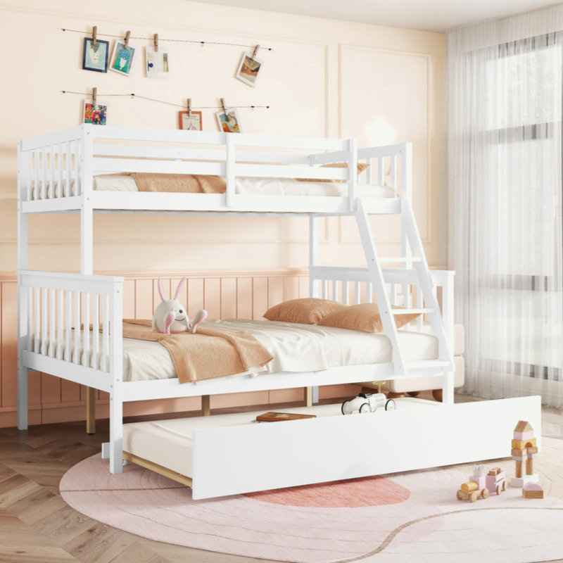Lit simple superposé en bois d'hévéa simple avec lit gigogne, échelle convertible et garde-corps, lit convertible détachable, avec lit gigogne simple