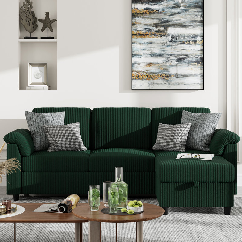  Modern L-Shaped Sofa with Ottoman – Soft Fabric, Compact Design for Living Room, Apartment, or Office, 79, Green Corduroy