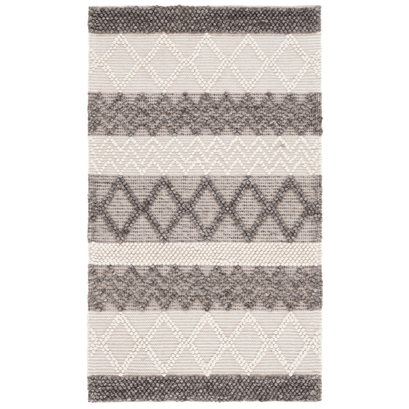 Atousa Hand Woven Wool/Cotton Striped Rug in Ivory/Grey, Rectangle 3' x 5'