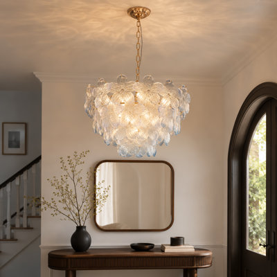 Lustre en verre fleur bleue 23,6 po, finition cuivre, 9 lumières E14, 3 ampoules incluses
