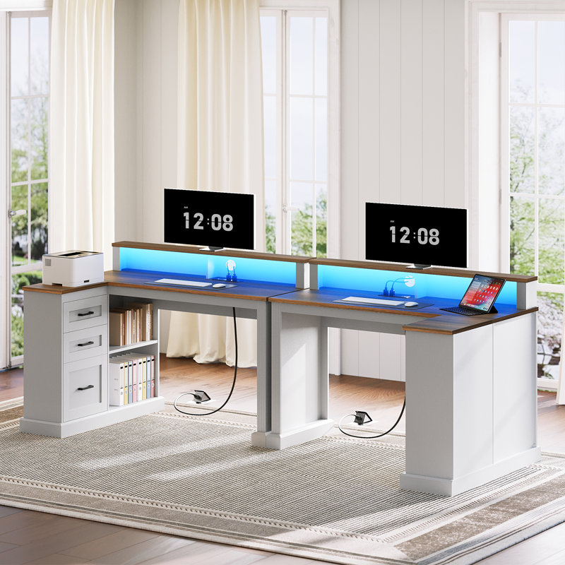 Bureau d'ordinateur en L 47,2 po avec station de charge et éclairage, bureau de jeu pour bureau à domicile avec tiroirs et support pour écran en L 47,2 po